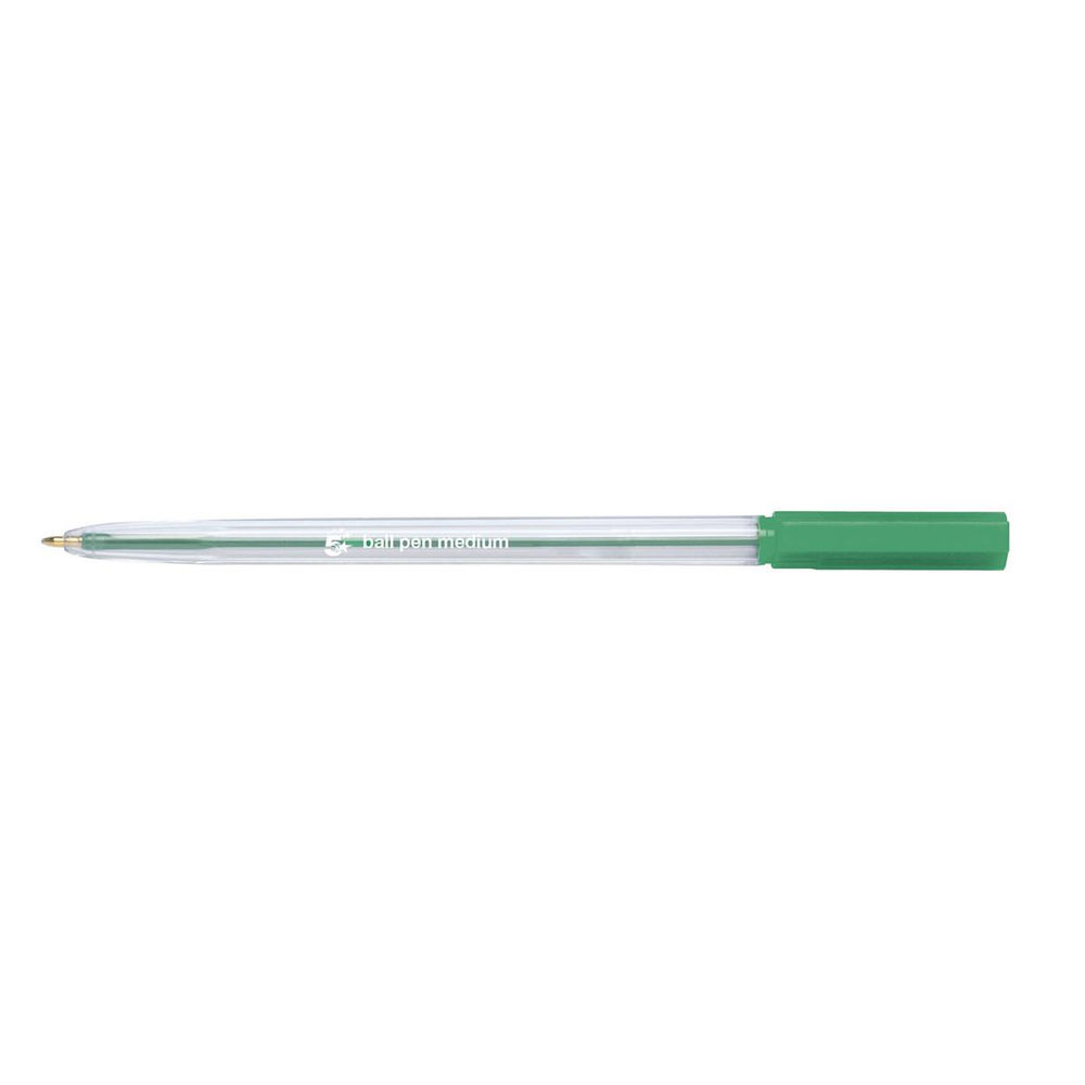 5 Star Office Ball Pen Clear Barrel Medium 1mm Tip 0.7mm Line Green (Pack of 20)