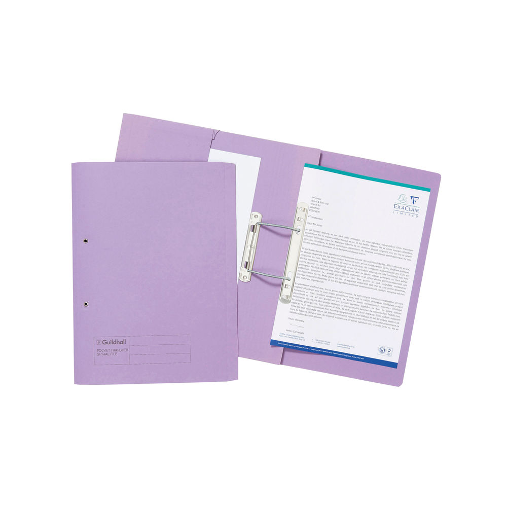 Exacompta Guildhall Transfer Spiral Pocket File 315gsm Foolscap Mauve (Pack of 25) 349-MVEZ