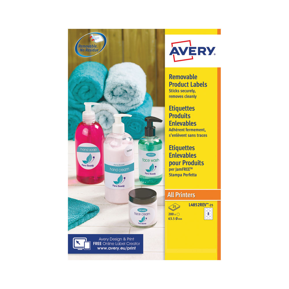 Avery Removable Labels Round 63.5mm Diameter 8 Per Sheet Wht (Pack of 200) L4852REV-25