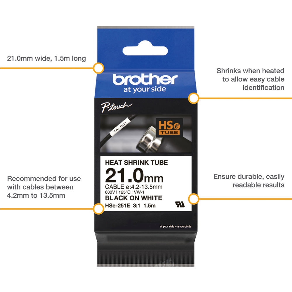 Brother HSe-251E 21.0mm Black on White Heat Shrink Tube Tape