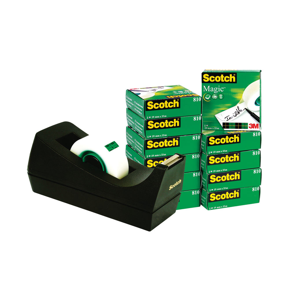 Scotch Tape - 19mm x 33m Magic Tape, Pack of 12 and Free Dispenser - 24871