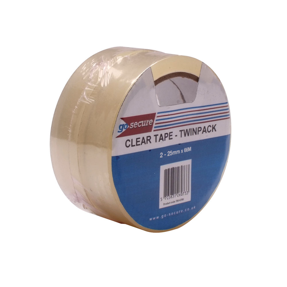 Go Secure Clear 25mm x 66m Twin Pack Tape, Pack of 6 - PB02305