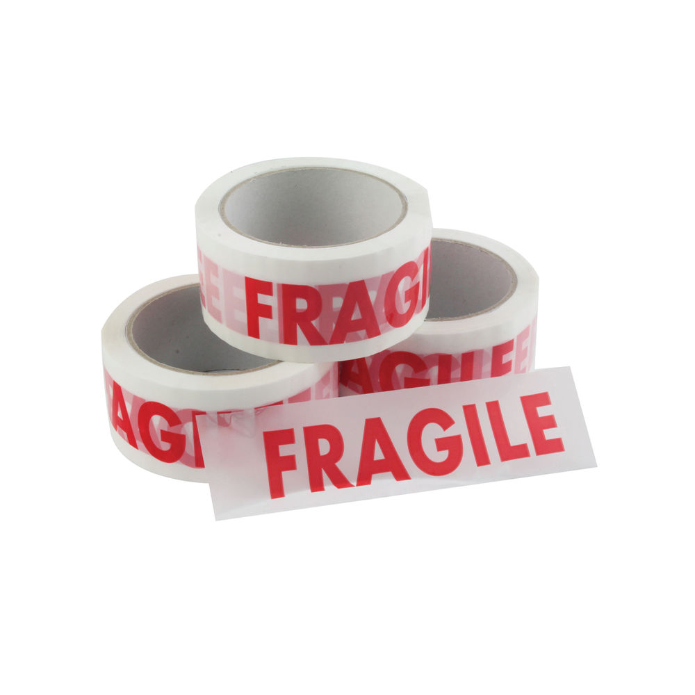 White and Red Fragile Vinyl Tape, 50mm x 66m (Pack of 6)