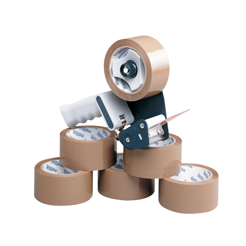Tape Dispenser with 6 x Buff Packing Tape Rolls, 50mm x 66m - MA99111