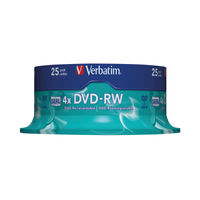 View more details about Verbatim 4.7GB 4x Speed Rewriteable DVD-RW Spindle, Pack of 25 | 43639