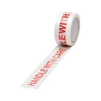 Polypropylene tape printed throughout with a standard messs. Red writing on white tape. 50mm x 66m. Handle with care.