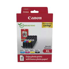 View more details about Canon CLI-551XL Inkjet Cartridges + Glossy Photo Paper High Yield CMYK