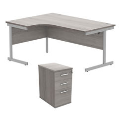 View more details about Astin Radial Left Hand SU Desk +Desk High Pedestal 1600x1200 Grey Oak/Silver