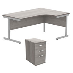 View more details about Astin Radial Right Hand SU Desk +Desk High Pedestal 1600x1200 Grey Oak/Silver