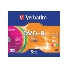 View more details about Verbatim Colour 4.7GB 16x Speed DVD-R (Pack of 5)