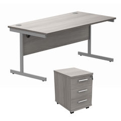 View more details about Astin Rectangular Desk +3Draw Under Desk Pedestal 1680x800x730mm Grey Oak/Silver