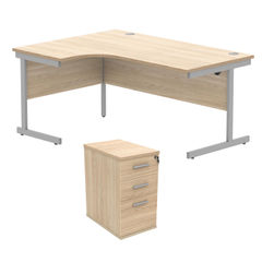 View more details about Astin Radial Left Hand SU Desk +Desk High Pedestal 1600x1200 Oak/Silver