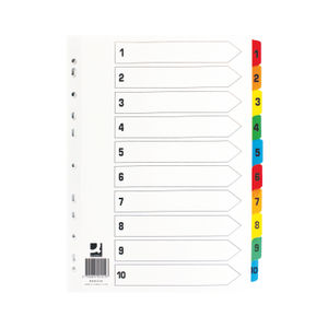 Q-Connect 1-10 Index Multi-punched Reinforced Board Multi-Colour Numbered Tabs