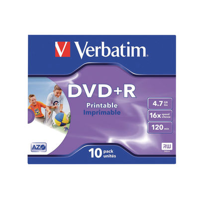 Verbatim DVD+R 16x 4.7GB InkJet Printable Spindle, Pack of 10 - 43508