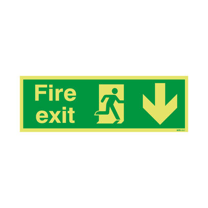 Fire Exit 150 x 450mm PVC Arrow Down Niteglo Safety Sign