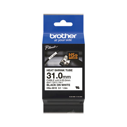 Brother HSe-261E 31.0mm Black on White Heat Shrink Tube Tape