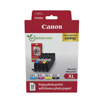 Canon CLI-551XL Inkjet Cartridges + Glossy Photo Paper High Yield CMYK
