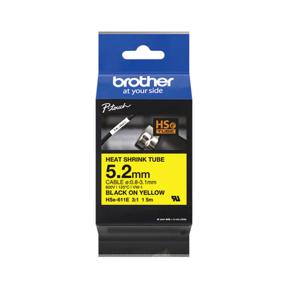 Brother HSe-611E 5.2mm Black on Yellow Heat Shrink Tube Tape