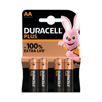 Duracell Plus AA Battery Alkaline 100% Extra Life (Pack of 4)