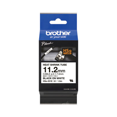 Brother HSe-231E 11.2mm Black on White Heat Shrink Tube Tape