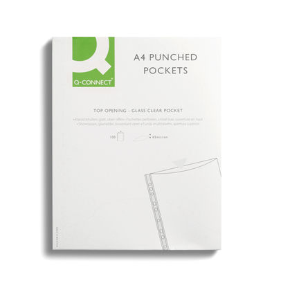 Q-Connect Delux A4 Clear Green Strip Punched Pocket (Pack of 100)