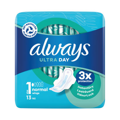 Always Ultra Day Sanitary Pads Normal With Wings Size 1 (16 Packs of 13)