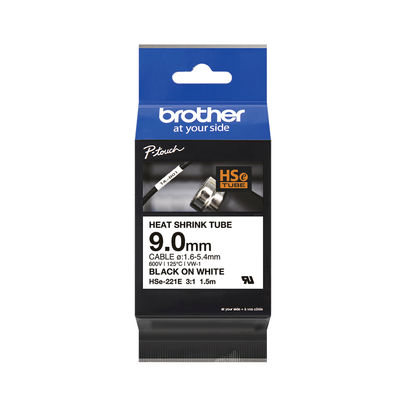 Brother HSe-221E 9.0mm Black on White Heat Shrink Tube Tape