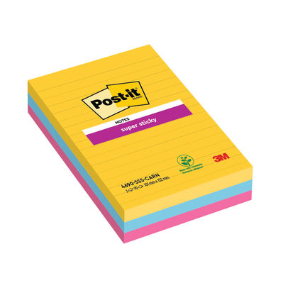 Post-it Lined Super Sticky Notes Carnival 101 x 152mm (Pack of 3)