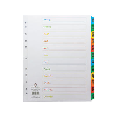 Concord A4 Extra Wide Mylar Jan-Dec Tabs White Index Dividers