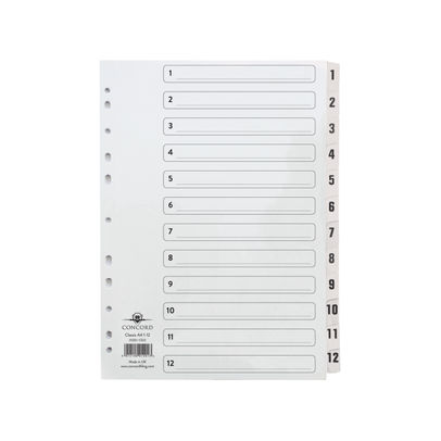 Concord A4 1-12, White Mylar Tabs 10 Part Index Dividers