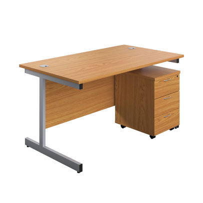 First 1600x800mm Nova Oak/Silver 3 Drawer Pedestal Single Desk