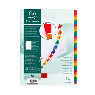 Exacompta Indices 31 Part 1-31 Coloured Tabs A4 White (Pack of 10)