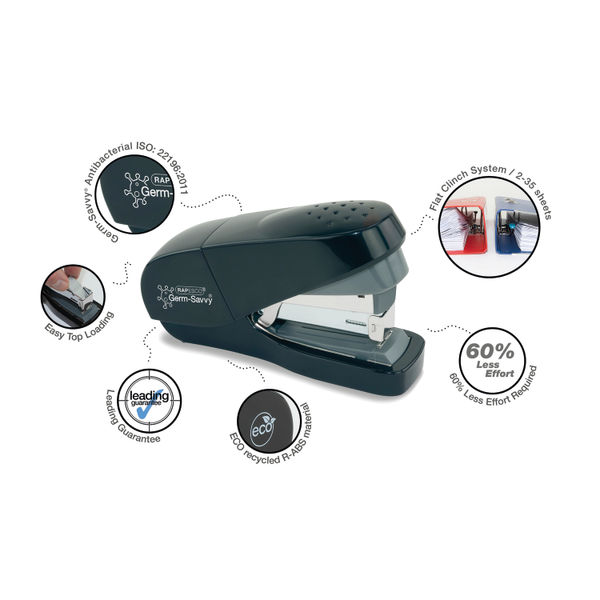 Rapesco Germ-Savvy Eco Flat Clinch Stapler With 2000 Staples 1688