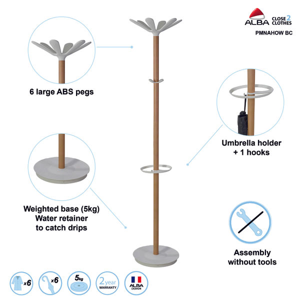 Alba Coat Stand 350x350x1750mm Beech/White ALB90566