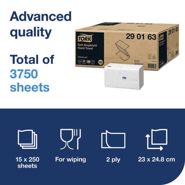 Tork Singlefold Hand Towel Advanced White 250 Sheets (Pack of 15) 290163