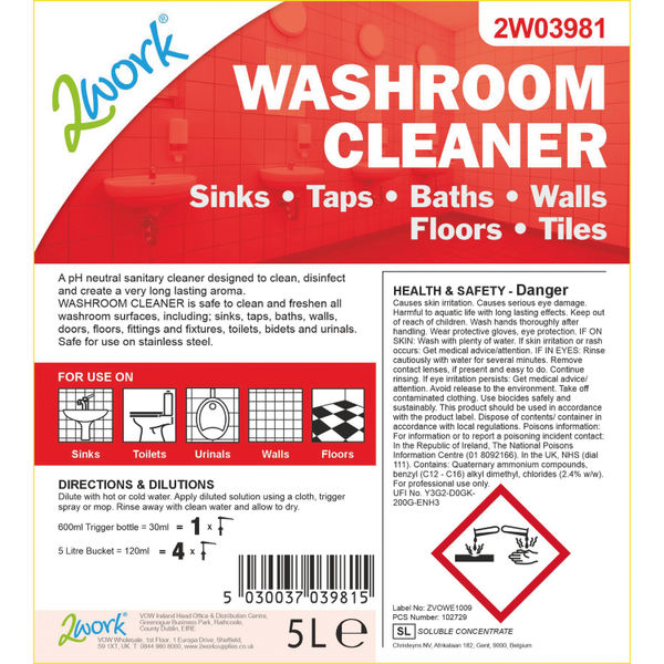 2Work Washroom Cleaner Concentrate Odourless 5 Litre 2W03981