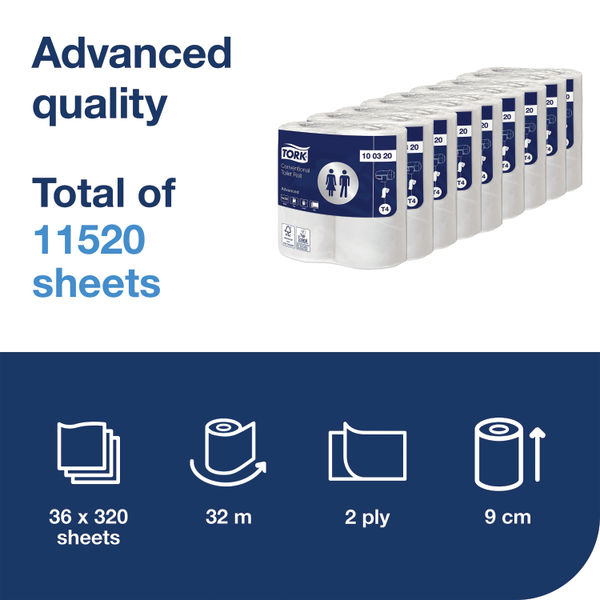 Tork T4 Conventional Toilet Paper Roll Advanced 2-Ply White 320 Sheets (Pack of 36) 100320