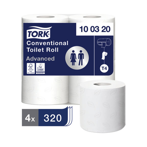 Tork T4 White 2-Ply 320 Sheet Conventional Toilet Rolls, Pack of 36