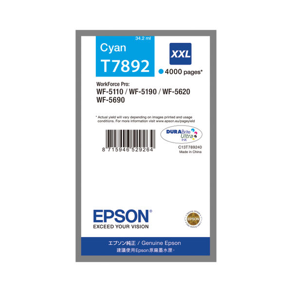 Epson T7892 XXL Cyan Extra High Yield Inkjet Cartridge C13T789240 / T7892