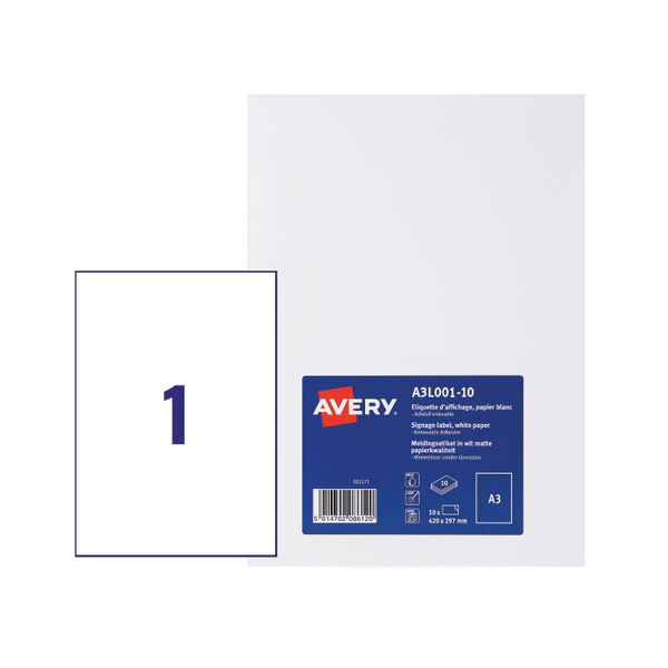 Avery White Standard A3 Display Labels, Pack of 10 - A3L001-10