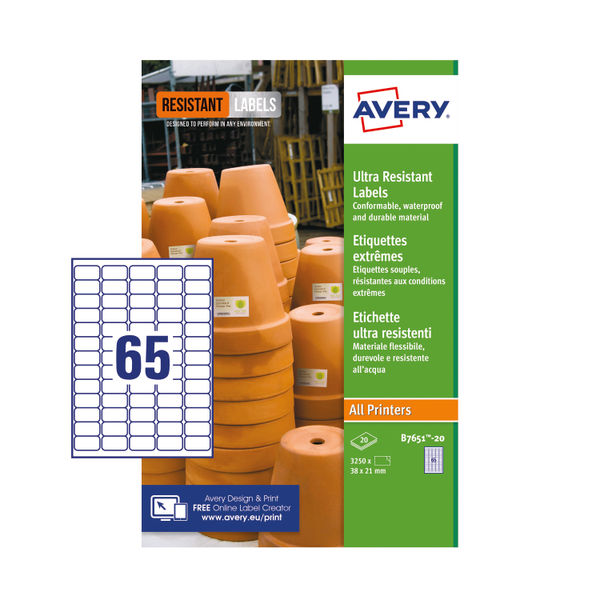 Avery Ultra Resistant Labels 38 x 21mm (Pack of 1300) - B7651-20