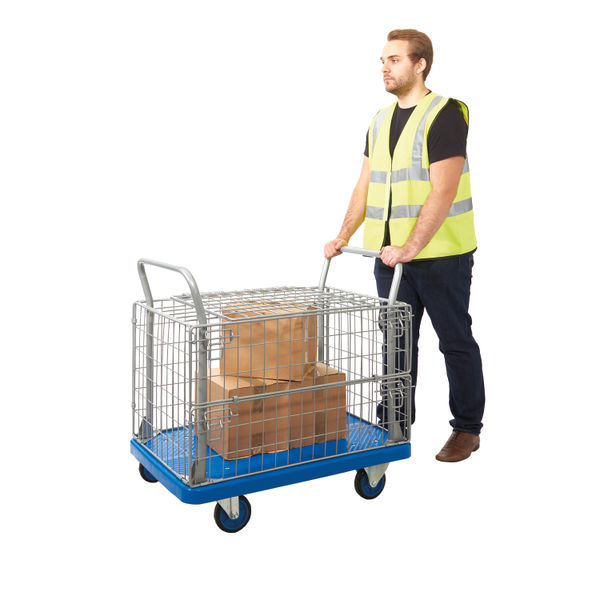 Proplaz Mesh Sided Platform Truck with Hinged Lid and Half Drop Side 300kg Capacity PPU24Y