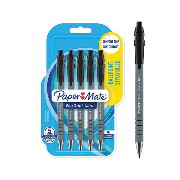 PaperMate Black Flexgrip Retractable Pen, Pack of 5 - 2027751