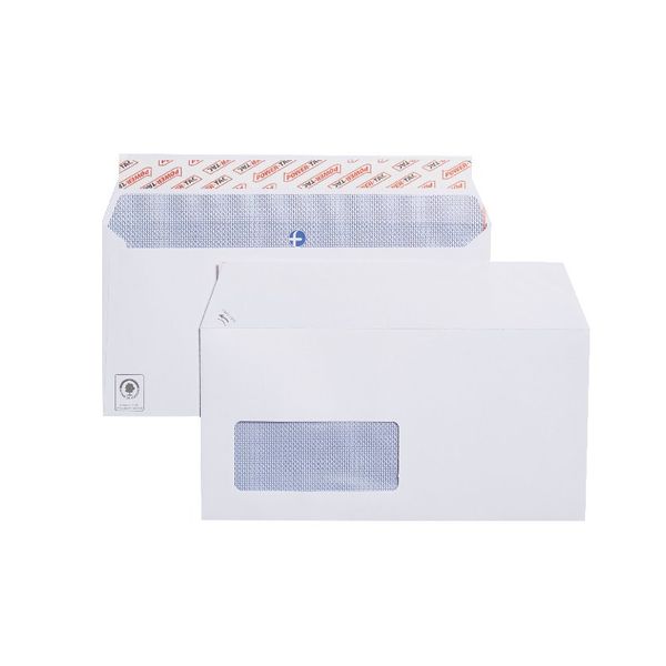 Plus Fabric DL Envelopes Window Wallet Self Seal 120gsm White (Pack of 500) J22370