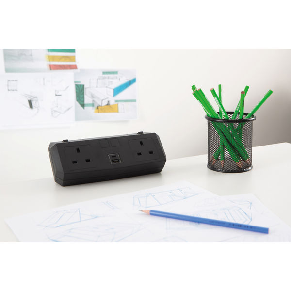 On Desk Power Module 2xUK Socket Dual USB Port Type A+C PD/QC Charger Black 20000016