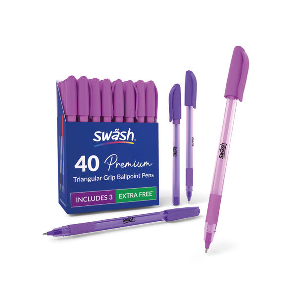 Swash Triangular Ballpoint Pens with Rubber Grip 40 Pink + 3 Purple (Pack of 43) BBT40PK
