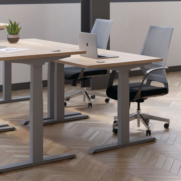 Jemini Sit/Stand Desk with Cable Ports 1400x800x630-1290mm Grey Oak/Silver KF809821