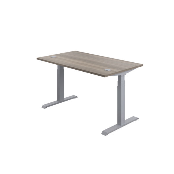Jemini Sit/Stand Desk with Cable Ports 1600x800x630-1290mm Grey Oak/Silver KF809944