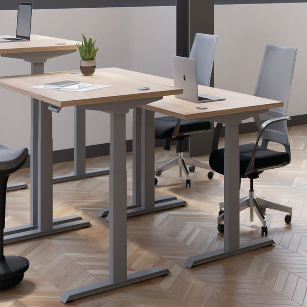 Jemini Sit/Stand Desk with Cable Ports 1600x800x630-1290mm Grey Oak/Silver KF809944