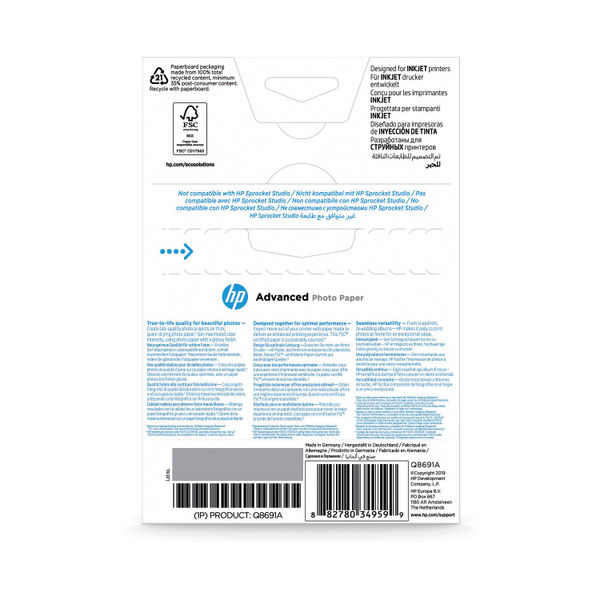 HP Advanced Glossy Photo Paper 250gsm 10x15cm Borderless (Pack of 25) Q8691A